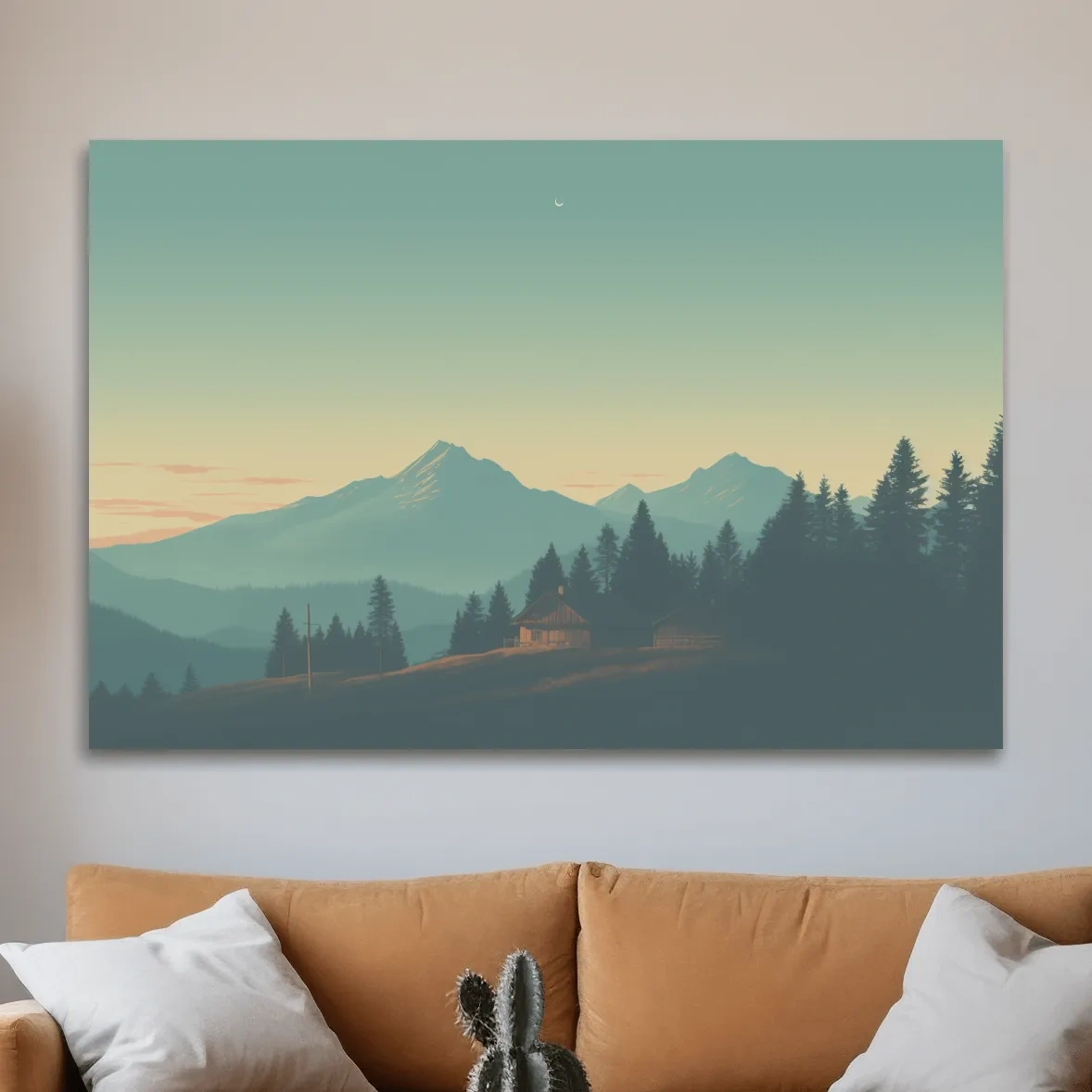 Mountain cabin in the hazy dusk, postcard style art