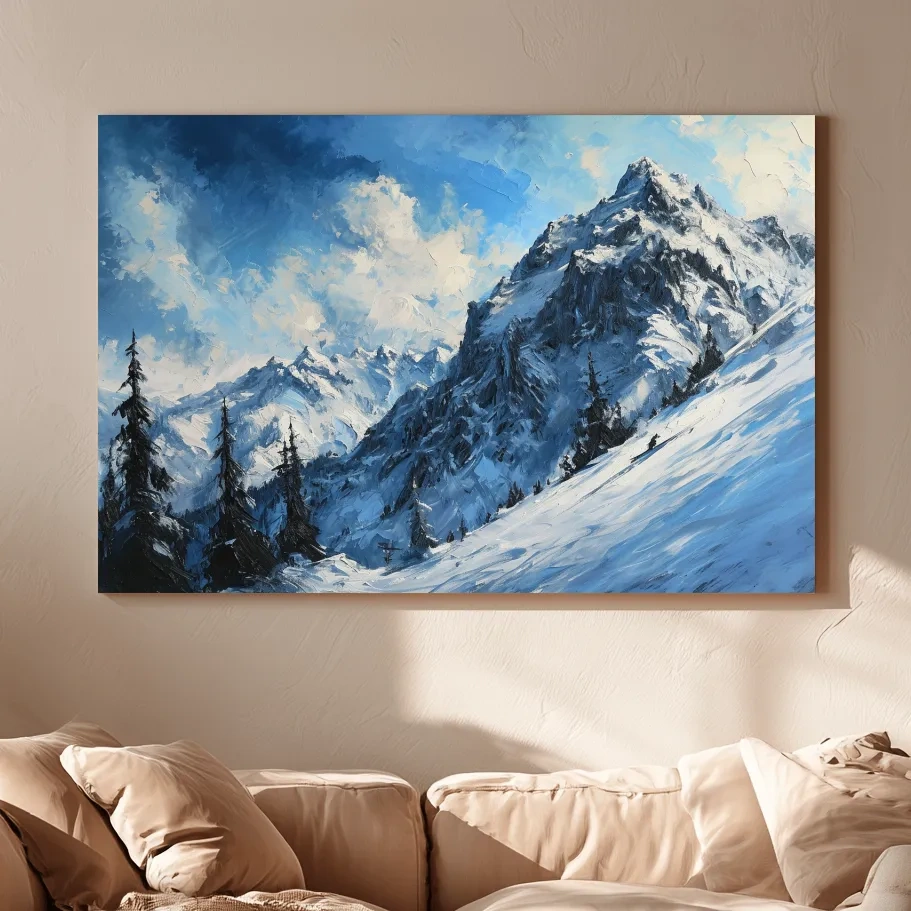 Alpine Snowy Peak Oil Painting - Moody Mountain Landscape Wall Art