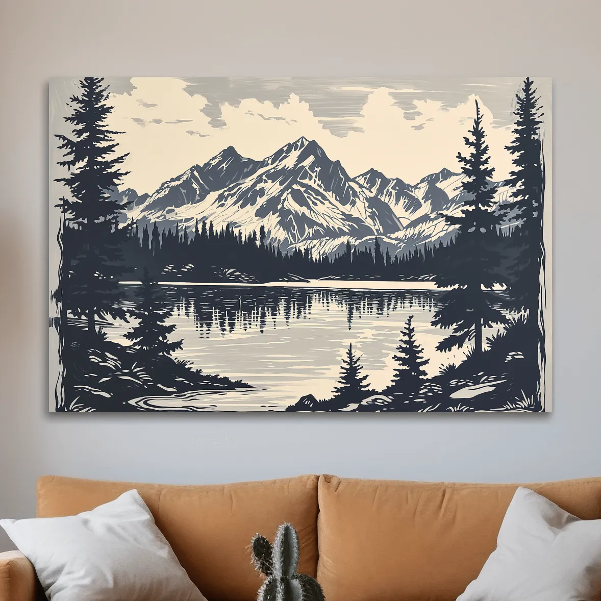 Vintage Alpine Lake Mountain Illustration - Monochrome Linocut Style Artwork