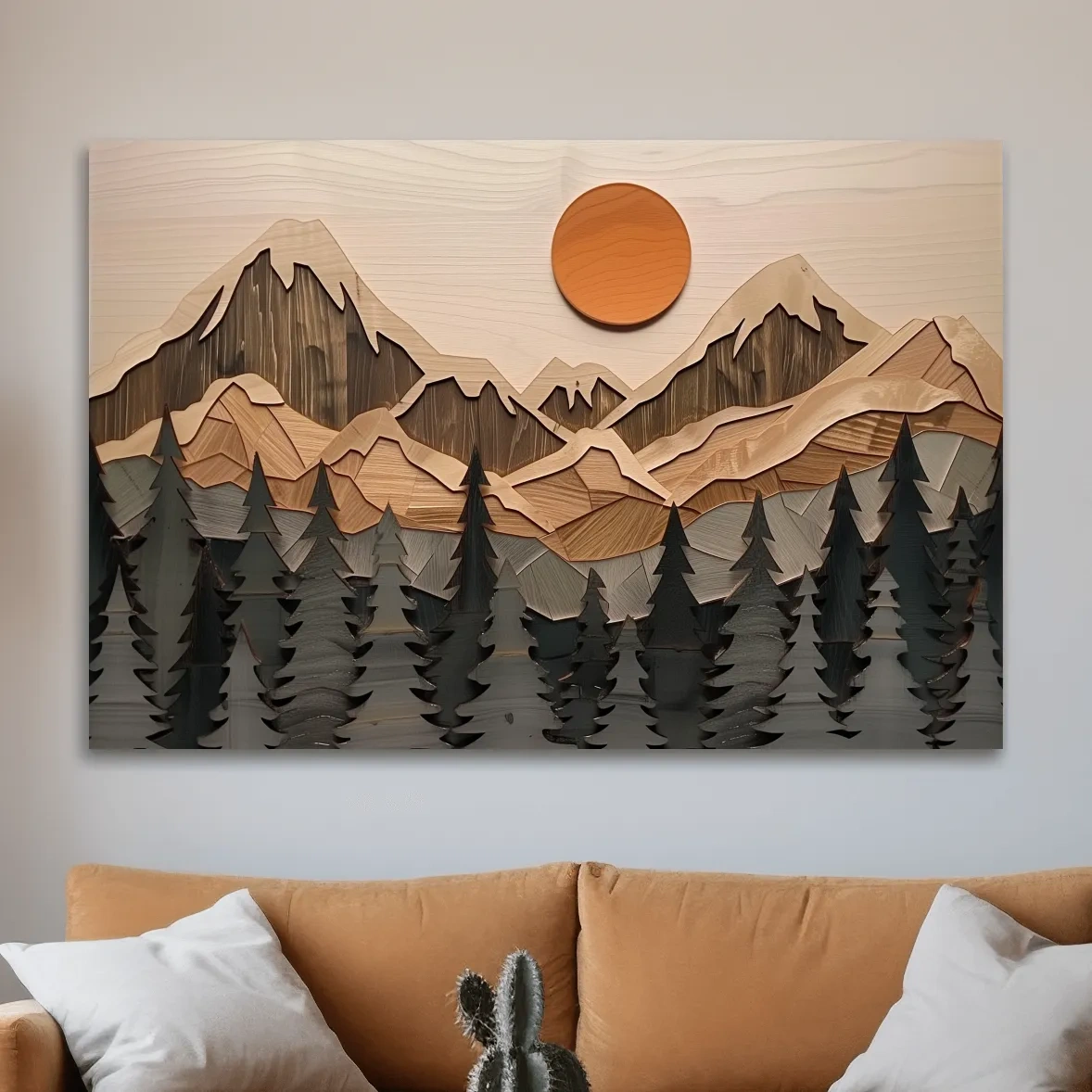 Mountain wood wall art, wood panel effect art