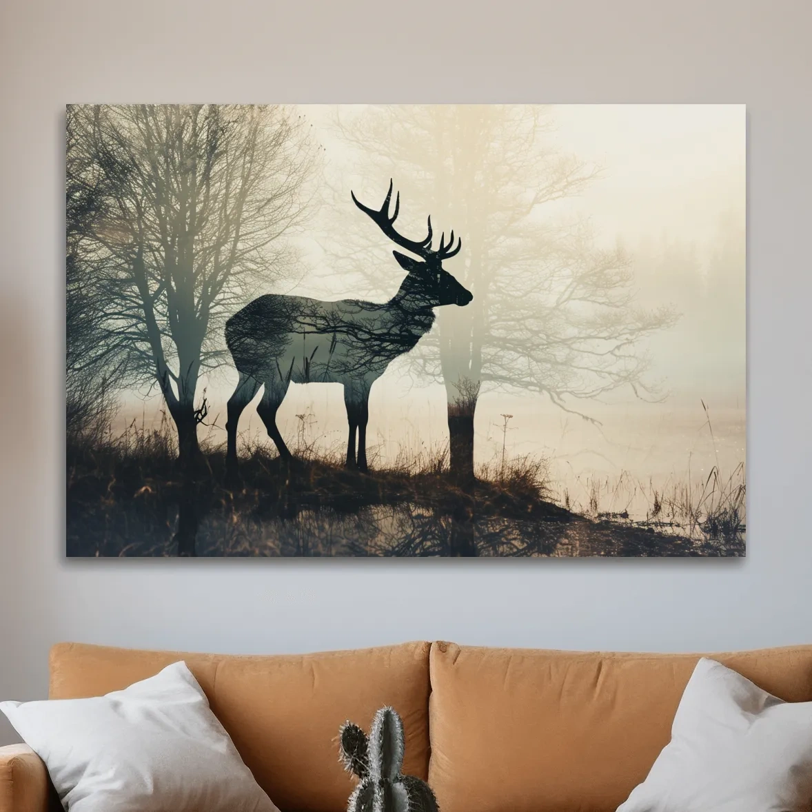Double exposure photographic artwork of a deer silhouette in the forest