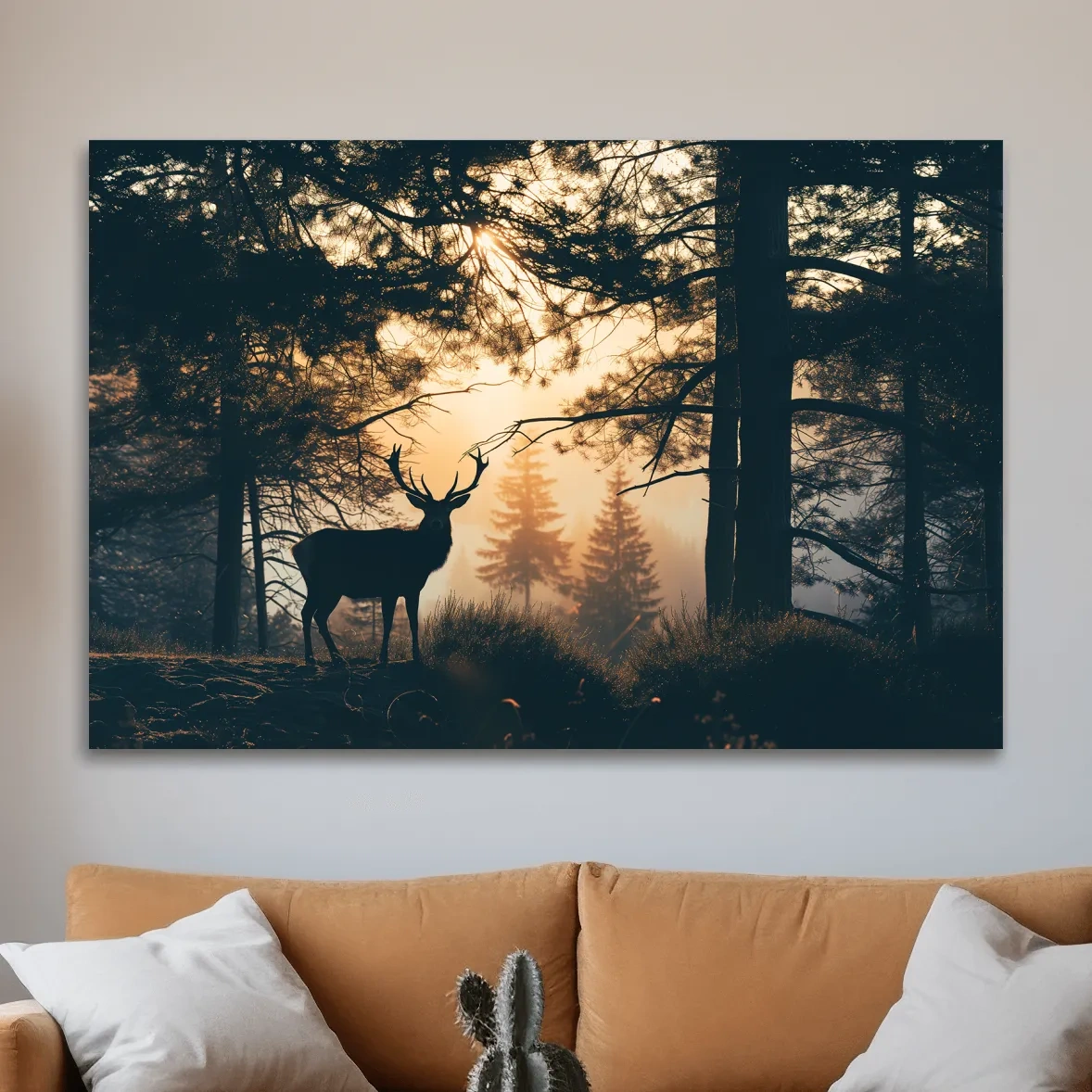 Photograph of a deer silhouette in the forest at sunset