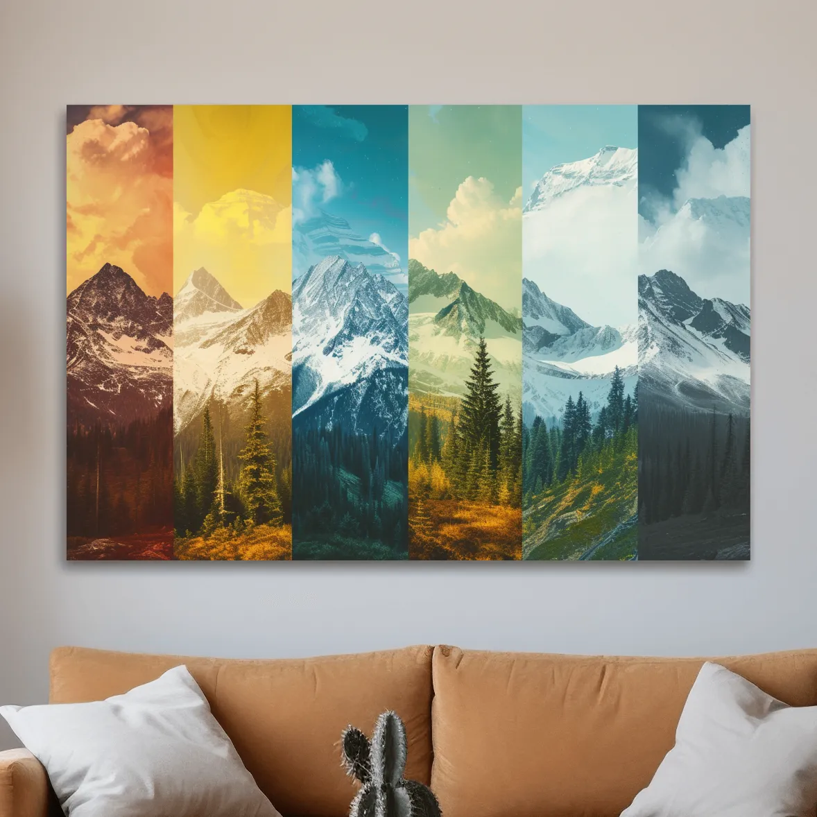 Changing of seasons, alpine forest and glacier art, split panel artwork