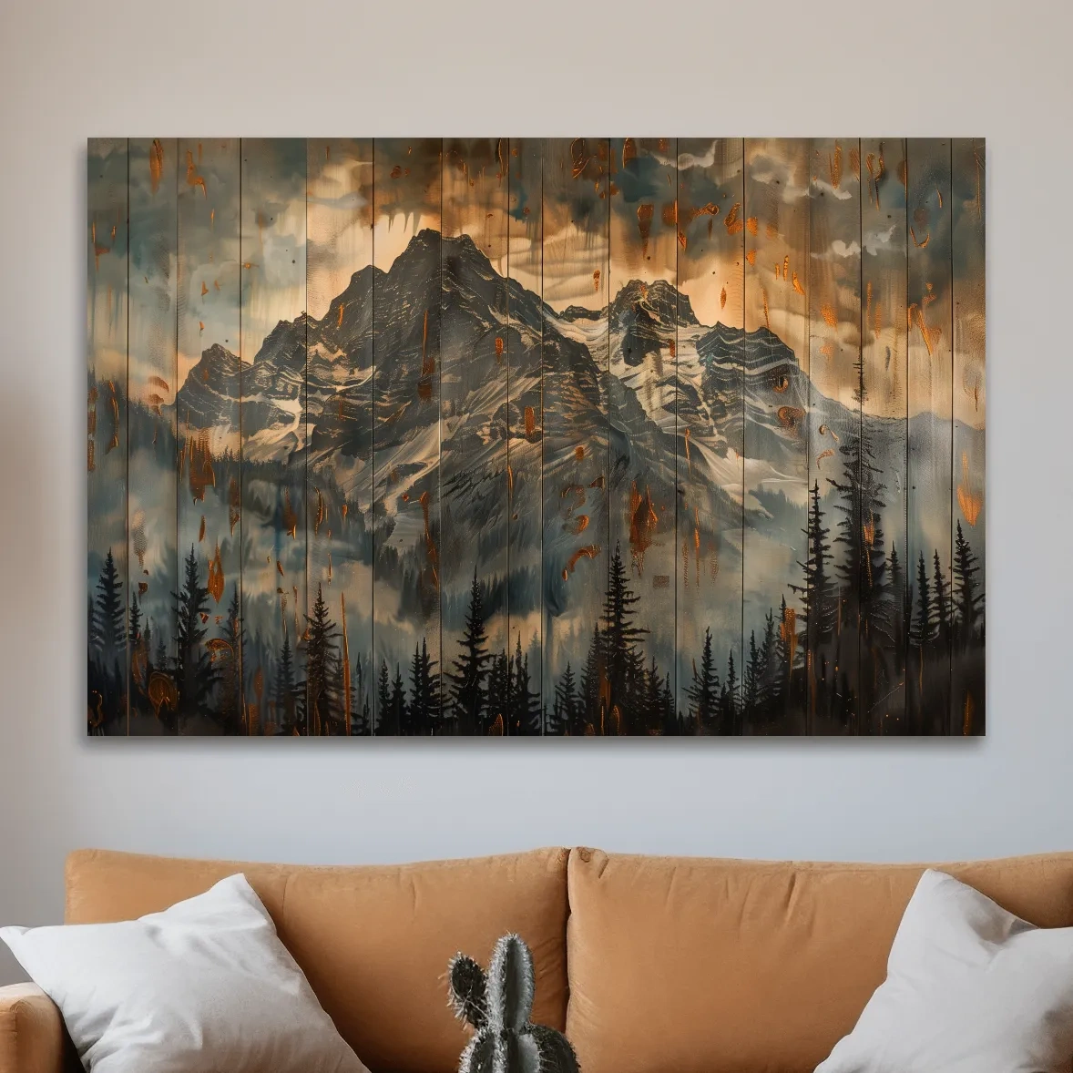 Mountain range wall art, rustic wood panel effect, wood burning style cabin art
