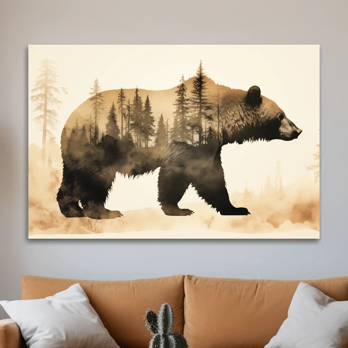 Double exposure vintage style artwork, a grizzly bear and a forest