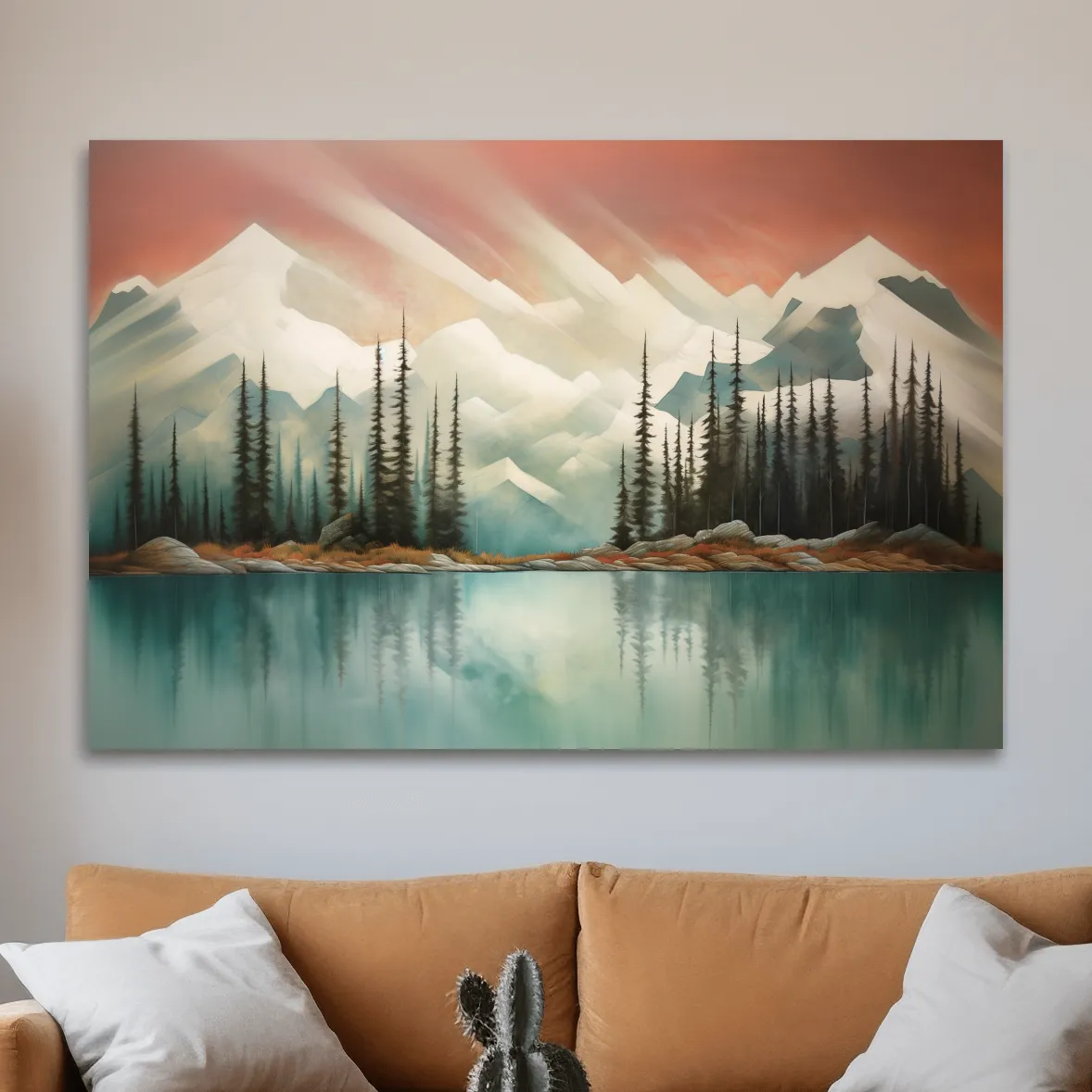Trees on a beautiful alpine lake, mountain painting, abstract