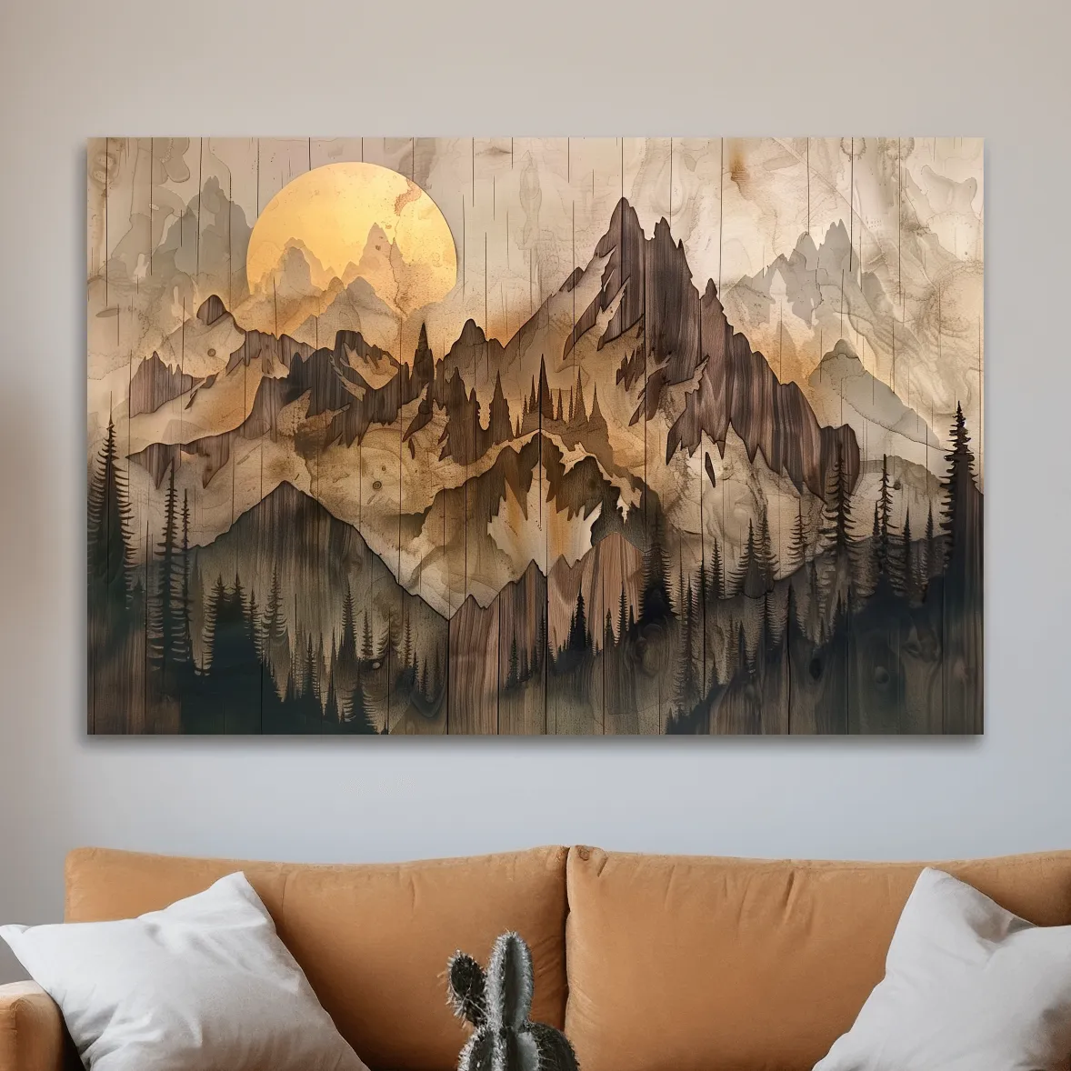 Rustic wood panel effect alpine mountain forest wall art, wood burning effect cabin artwork