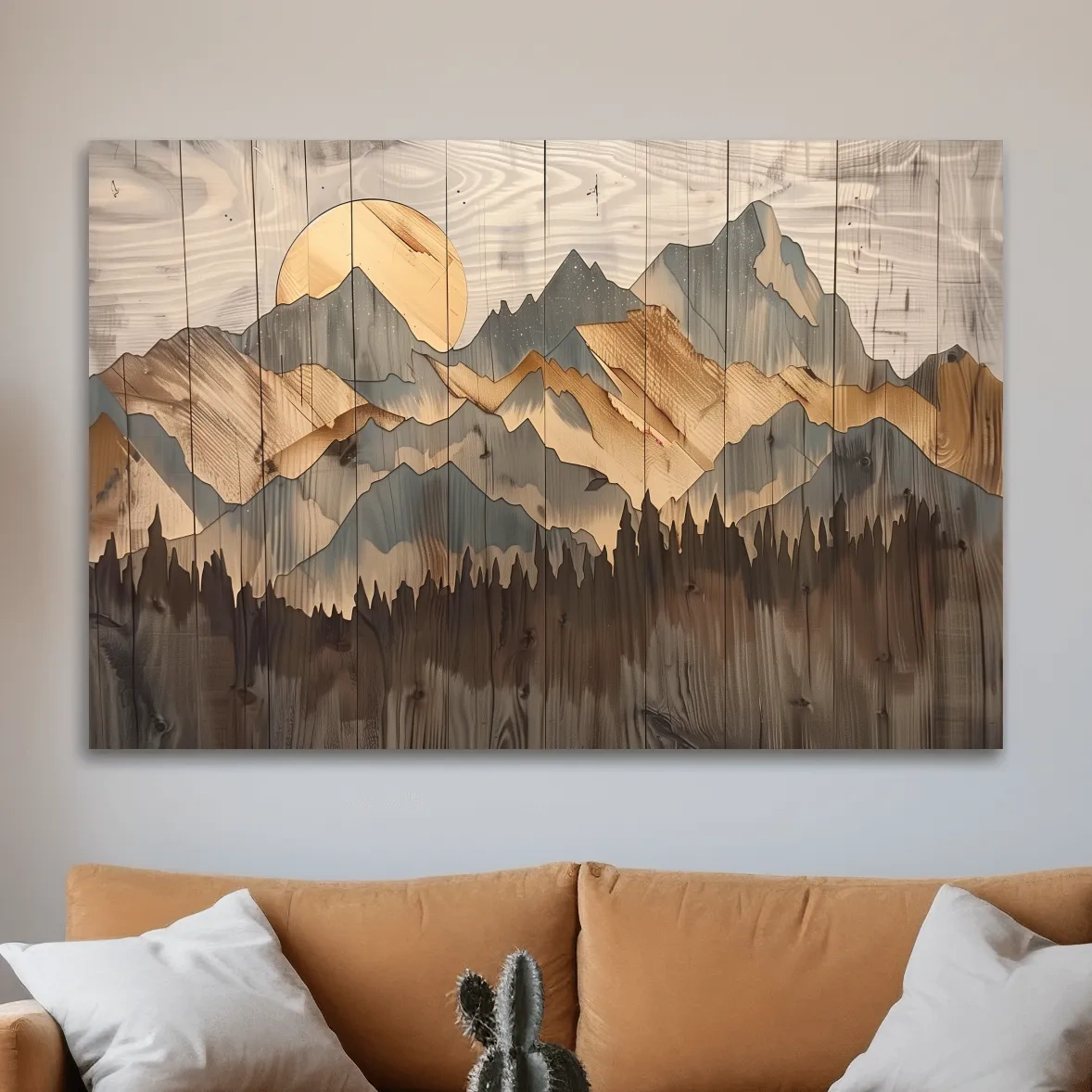 Rustic mountain artwork, painting on wood panel effect