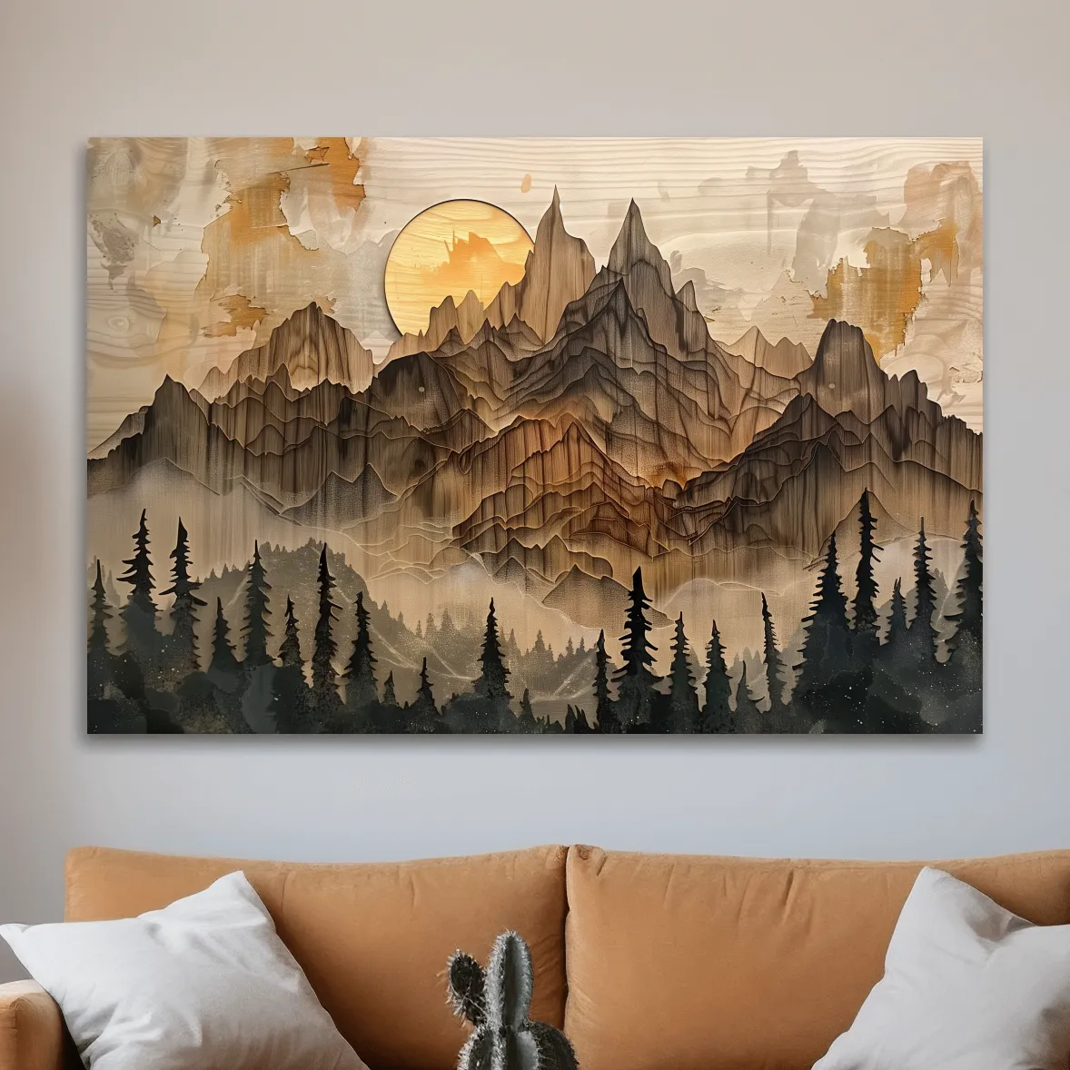 Mountain and forest artwork, rustic peeled paint on wood effect