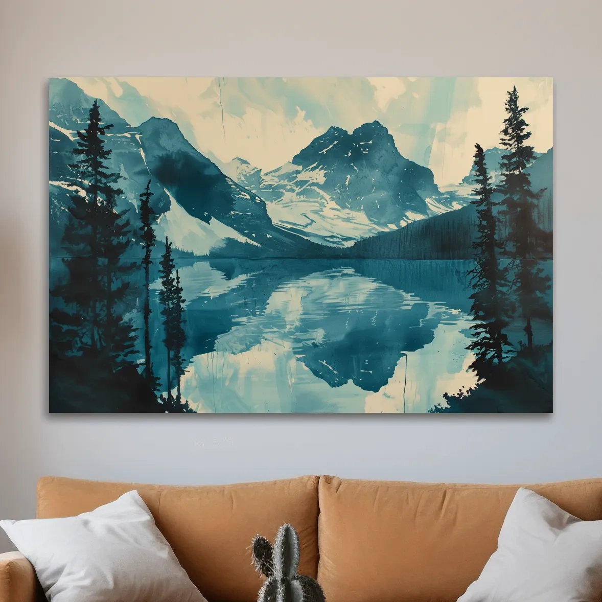 Serene Rocky Mountains lake, watercolour postcard style painting