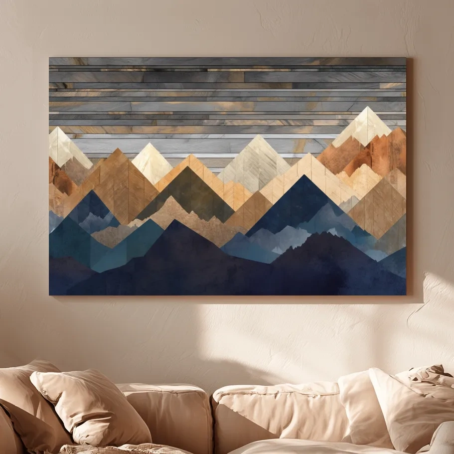 Geometric Layered Mountain Peaks - Rustic Wood Texture Abstract Wall Art
