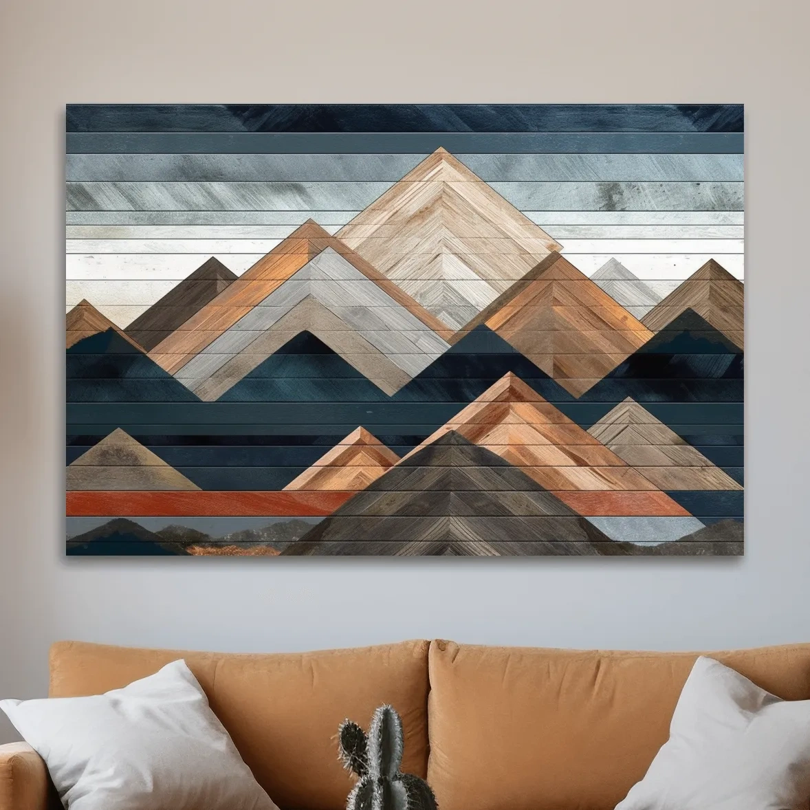 Geometric Woodgrain Mountain Peaks - Modern Abstract Landscape Wall Art