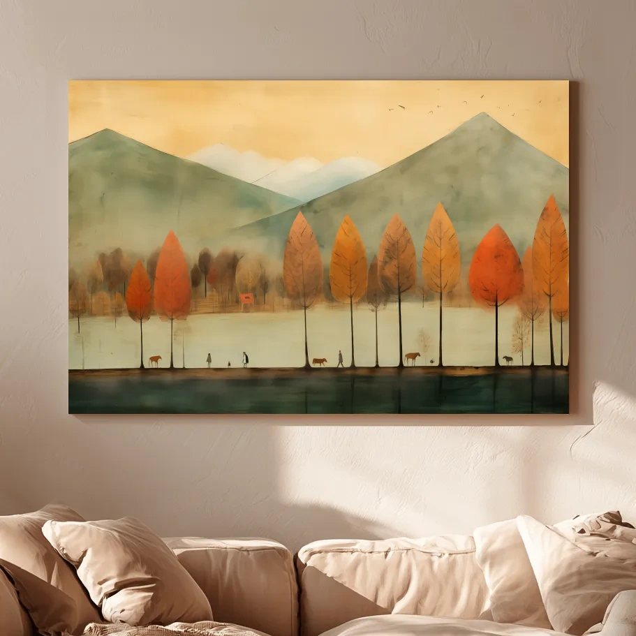 Autumn Tree Lined Lake Landscape - Quirky Watercolor Style Wall Art