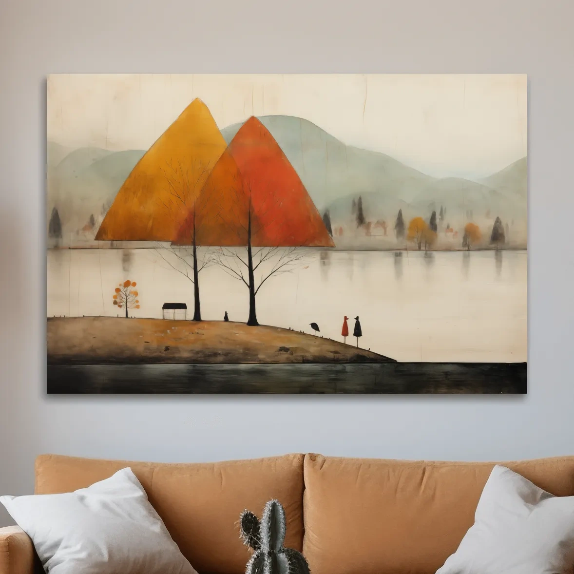 Quirky painting of a lakeside mountain scene in fall