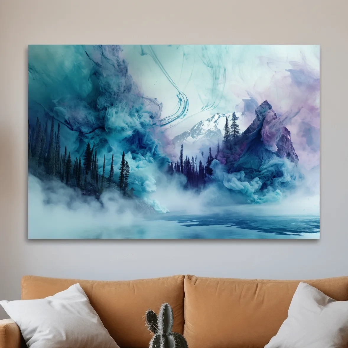Abstract mountain painting, fog swirling through an alpine lake