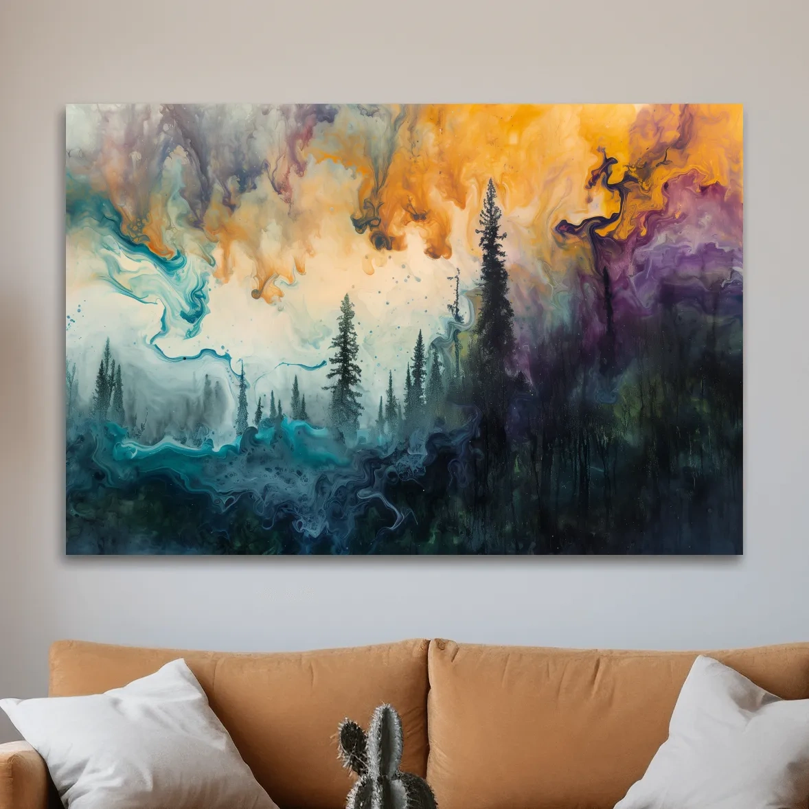 Abstract foggy forest painting, swirling colors and smoke