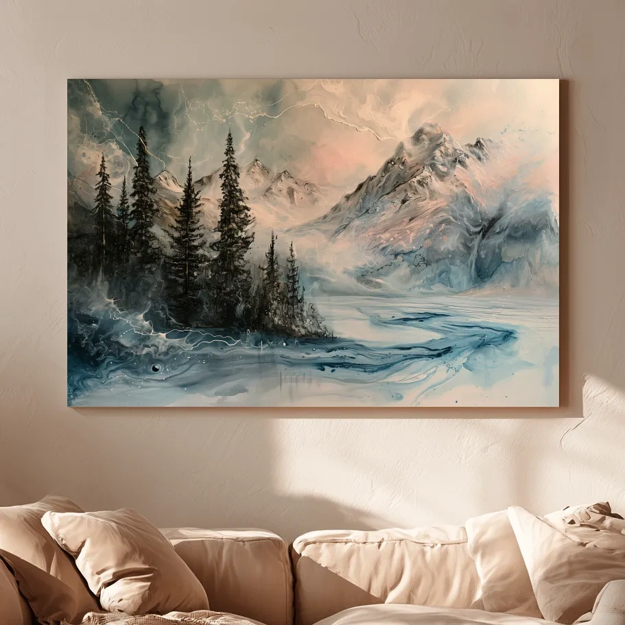 Ethereal Mountain Lake Alpine Forest - Moody Abstract Alcohol Ink Wall Art