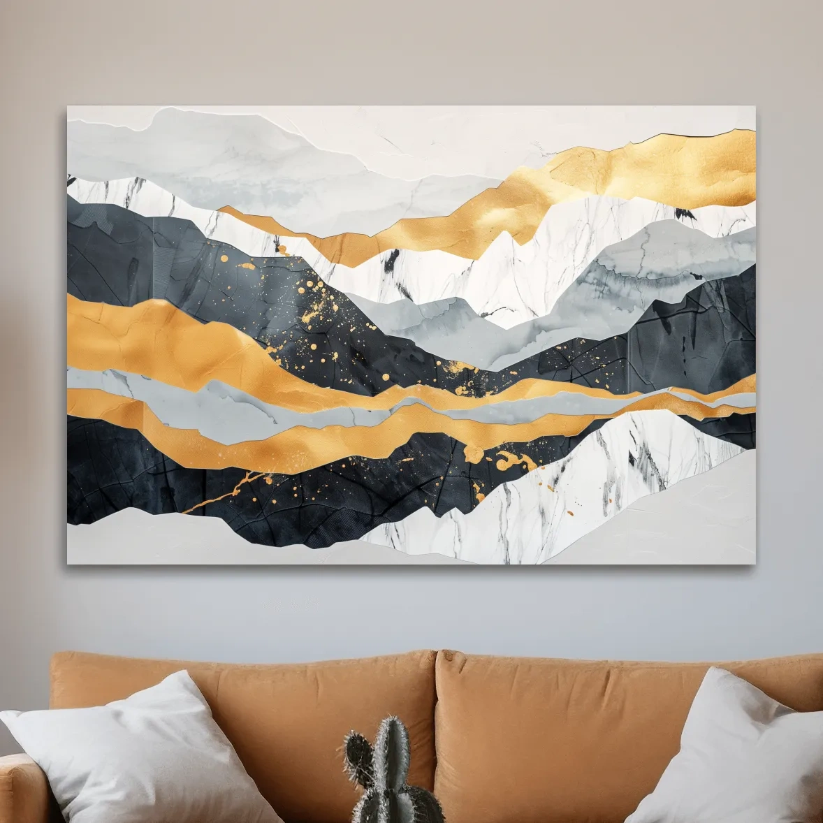 Abstract layered mixed media artwork, elegant mountain ridgelines, large format wall art