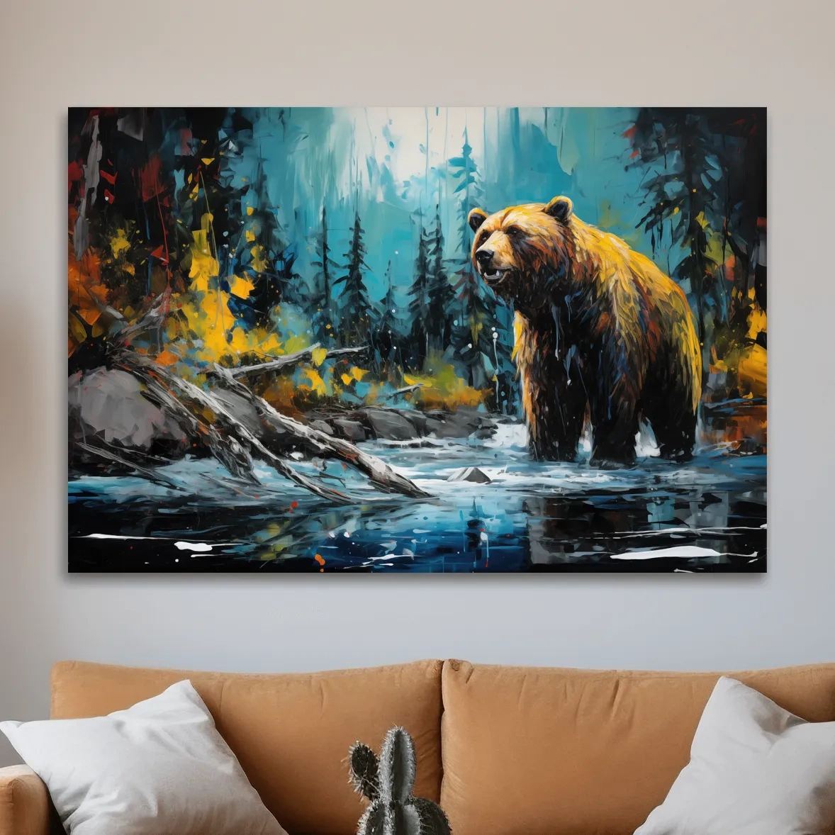 Grizzly Bear Forest River Painting - Vibrant Wildlife Nature Wall Art