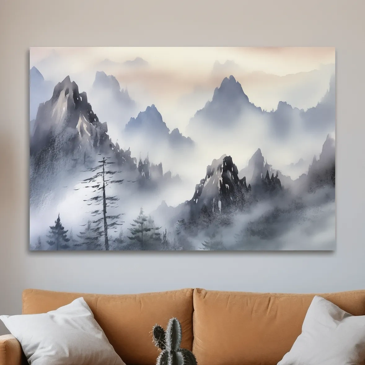 Chinese traditional ink wash style watercolour painting of foggy mountains