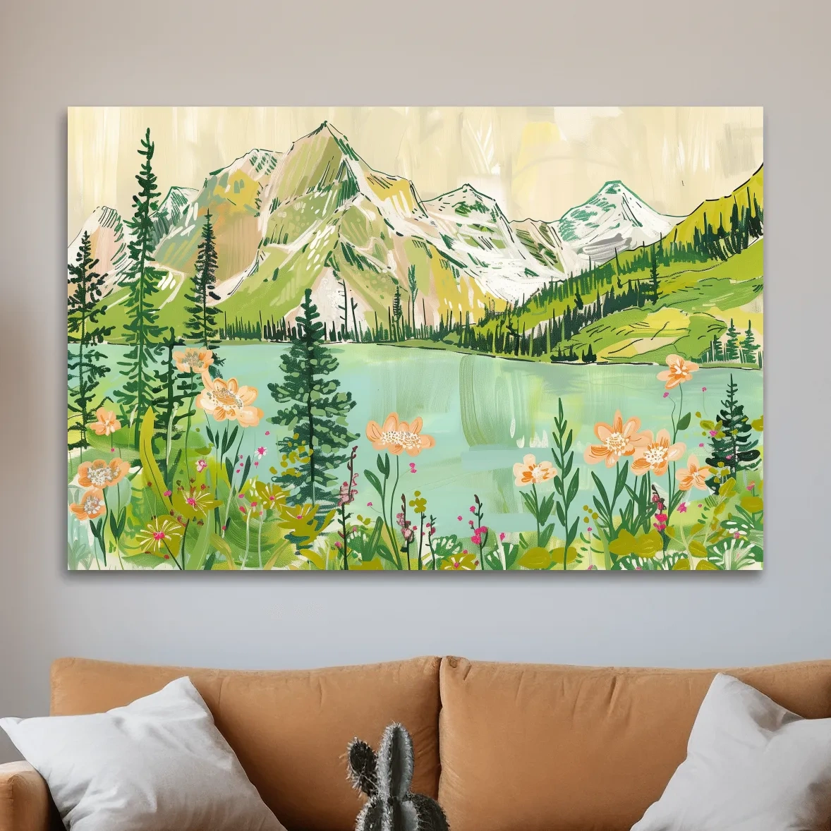 Alpine lake and mountains artwork, stylized painting style