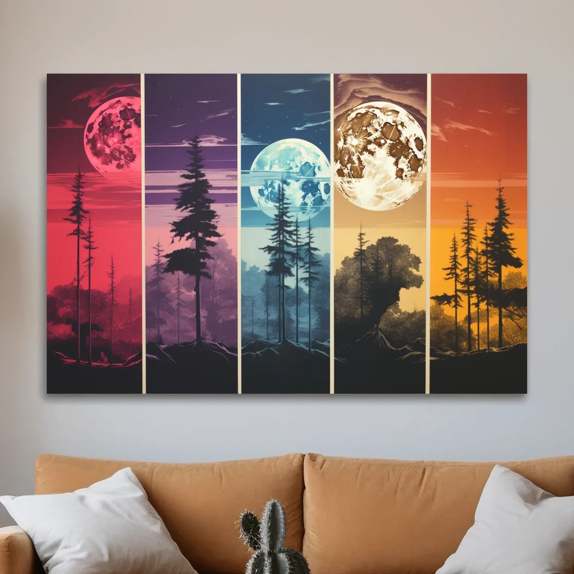 Multipanel colorful treeline under the moonlit sky, risograph style artwork