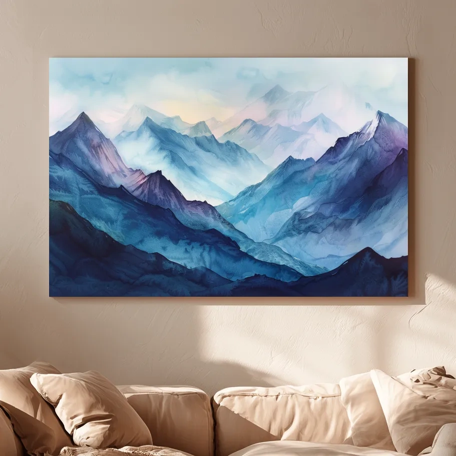 Misty Blue Watercolor Mountain Range Artwork - Serene Colourful Landscape Wall Art
