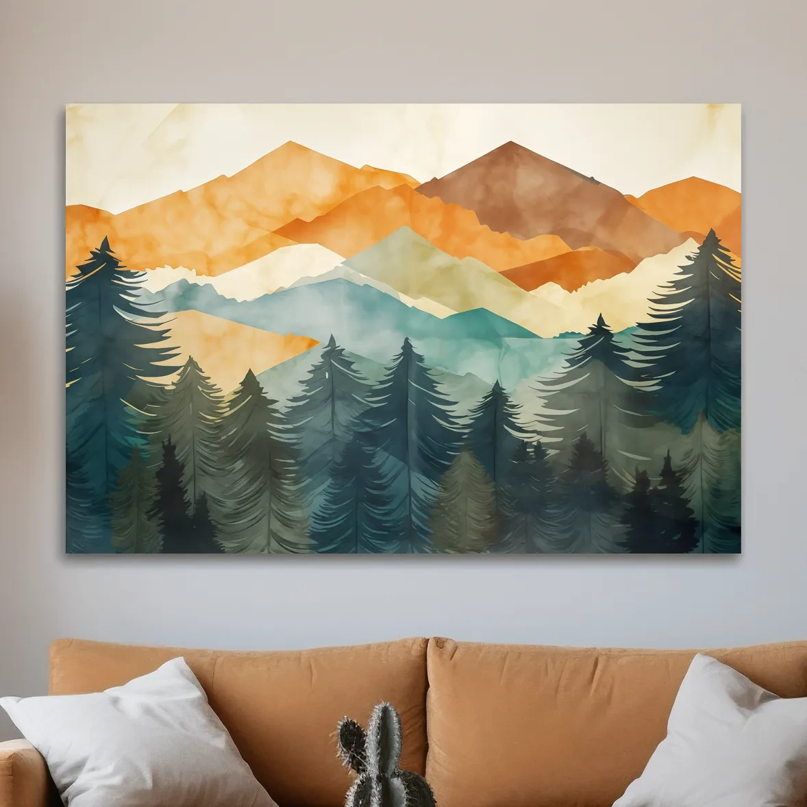 Abstract watercolor painting, mountains and forest