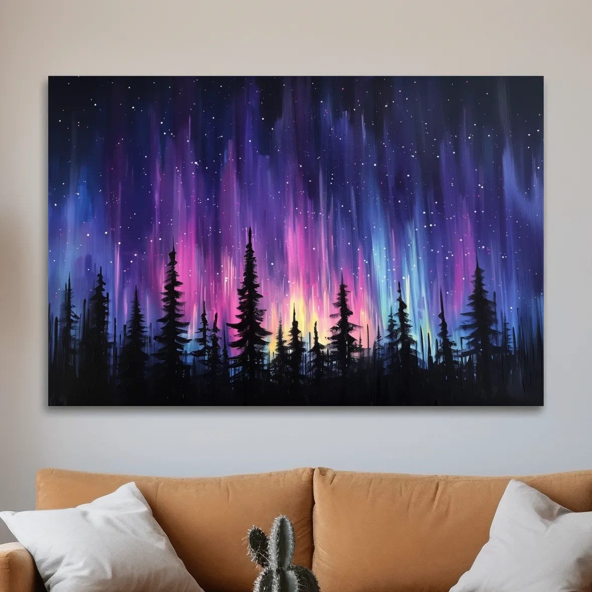 Painting of silhouetted trees against purple and pink northern lights sky