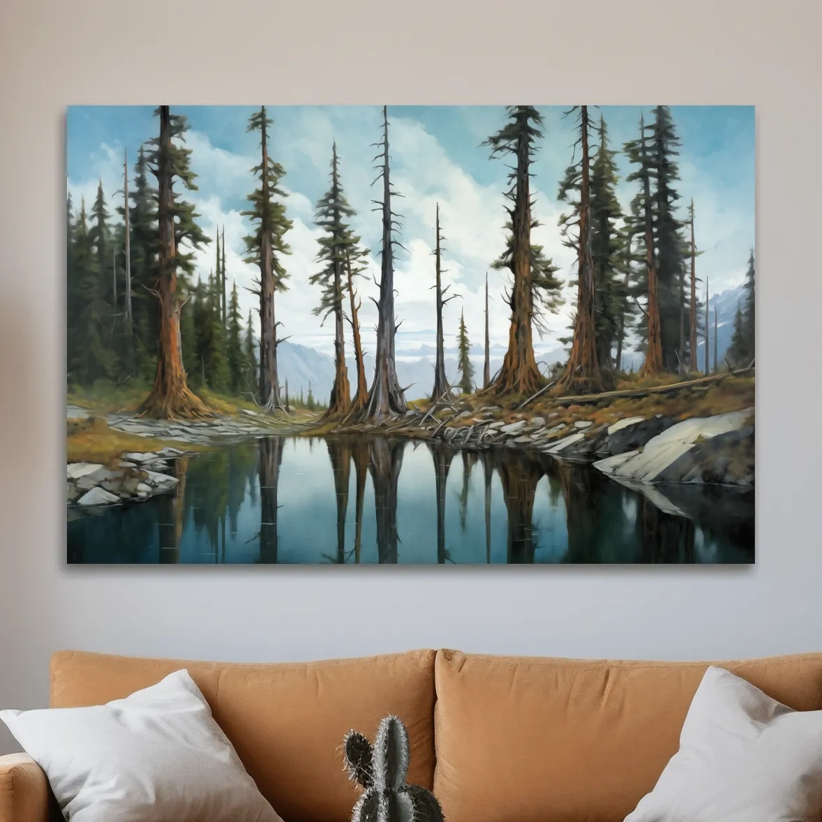 Painting of a line of trees beside a lake and mountains, forest artwork