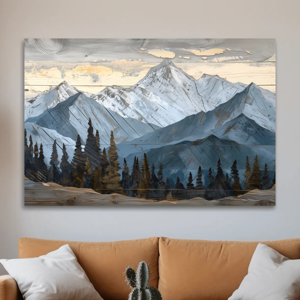 Alpine Forest Mountain Range Artwork - Rustic Woodgrain Landscape Wall Art