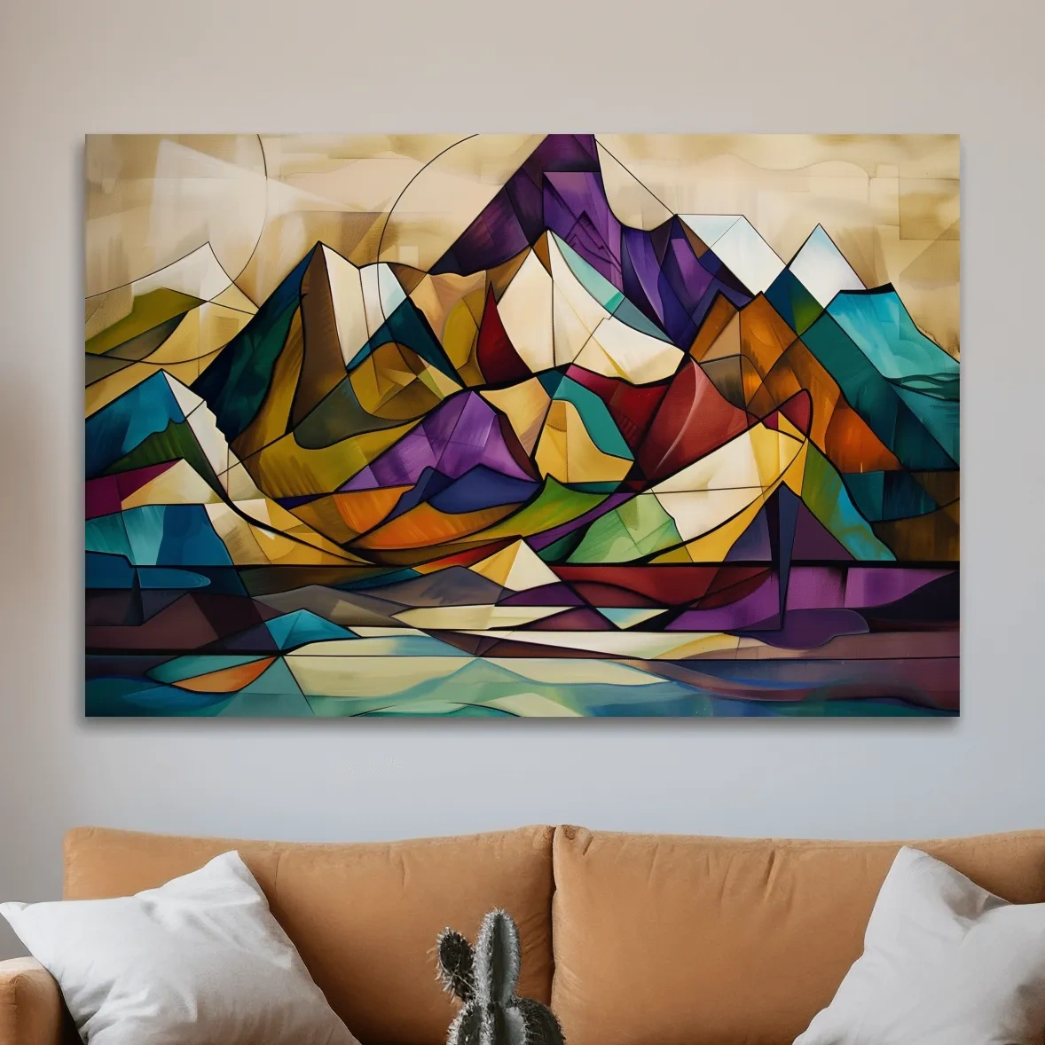 Abstract colorful mountain art, mixed media leadlight style painting