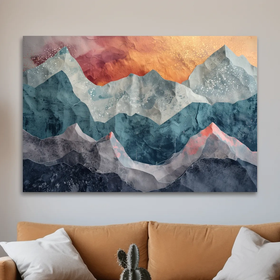 Abstract sunset mountain artwork, 3d textured paper effect