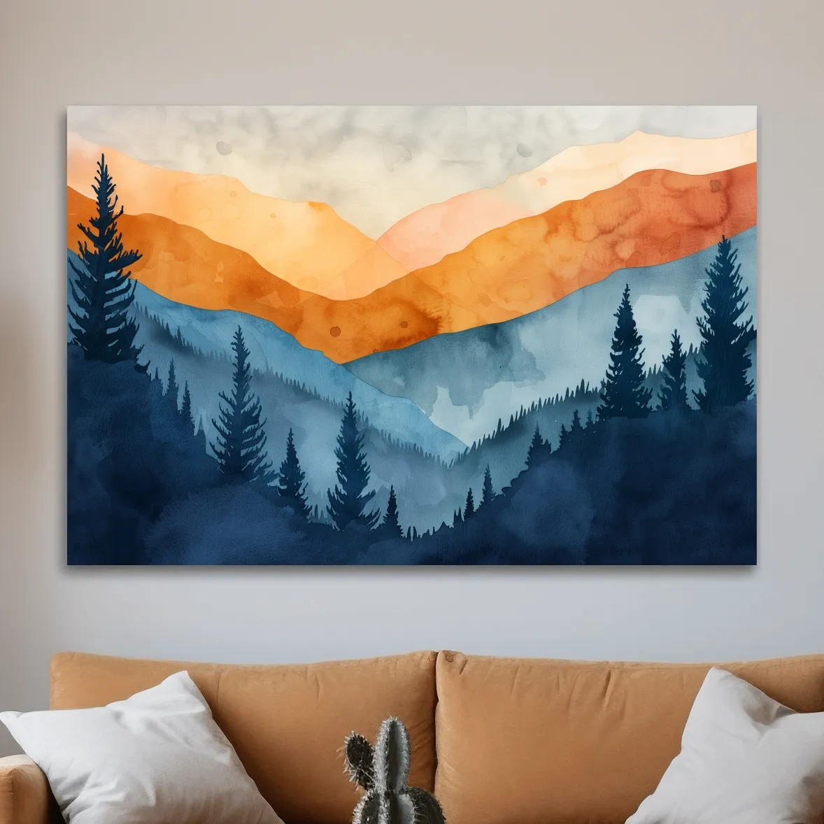 Mountain landscape and forest watercolour painting wall art