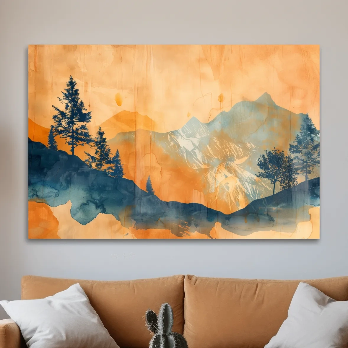 Abstract watercolor painting wall art, trees, mountains and glacier