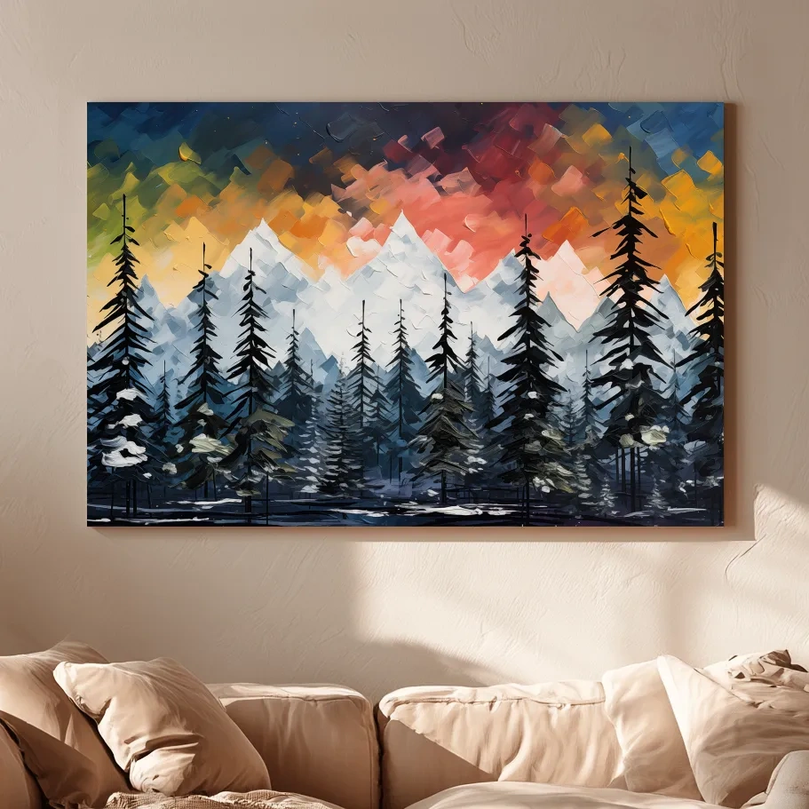 Moody Alpine Mountain Sunset With Pine Forest - Palette Knife Painting Style Landscape Art