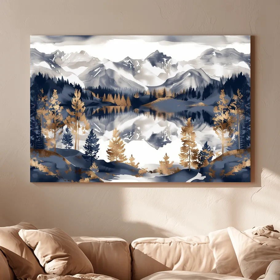 Gold Leaf Style Watercolor Alpine Lake Reflection - Mountain Landscape Artwork