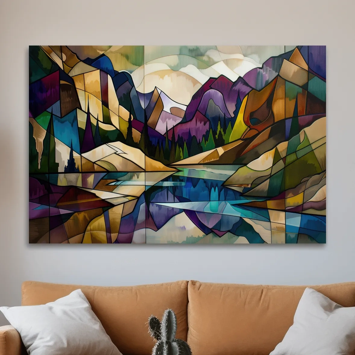 Abstract Stained Glass Mountain Lake Landscape - Colorful Geometric Alpine Wall Art