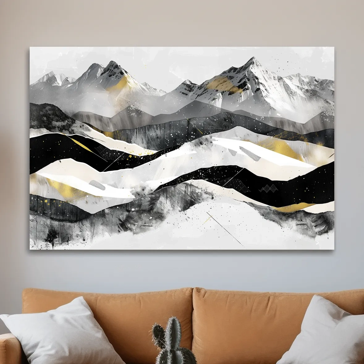 Snow capped mountains, modern black and white abstract artwork