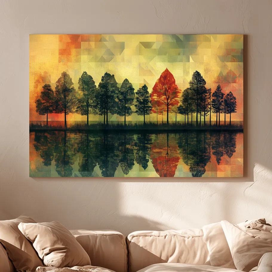 Abstract Geometric Autumn Forest Reflection - Modern Mosaic Landscape Artwork