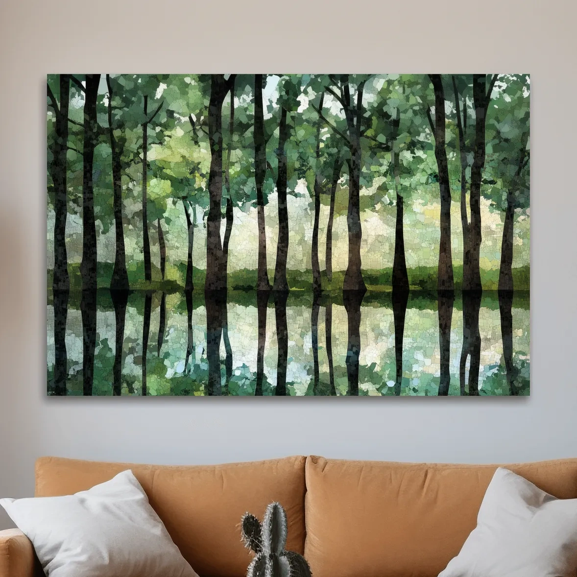 Mosaic Watercolor Forest Lake Reflection - Serene Nature Landscape Wall Art