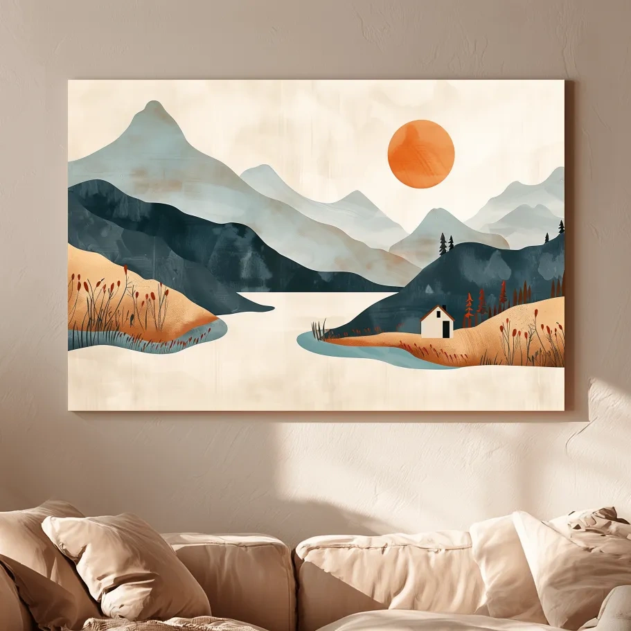 Storybook lakehouse landscape scene, mountain sunset minimalist style illustration artwork