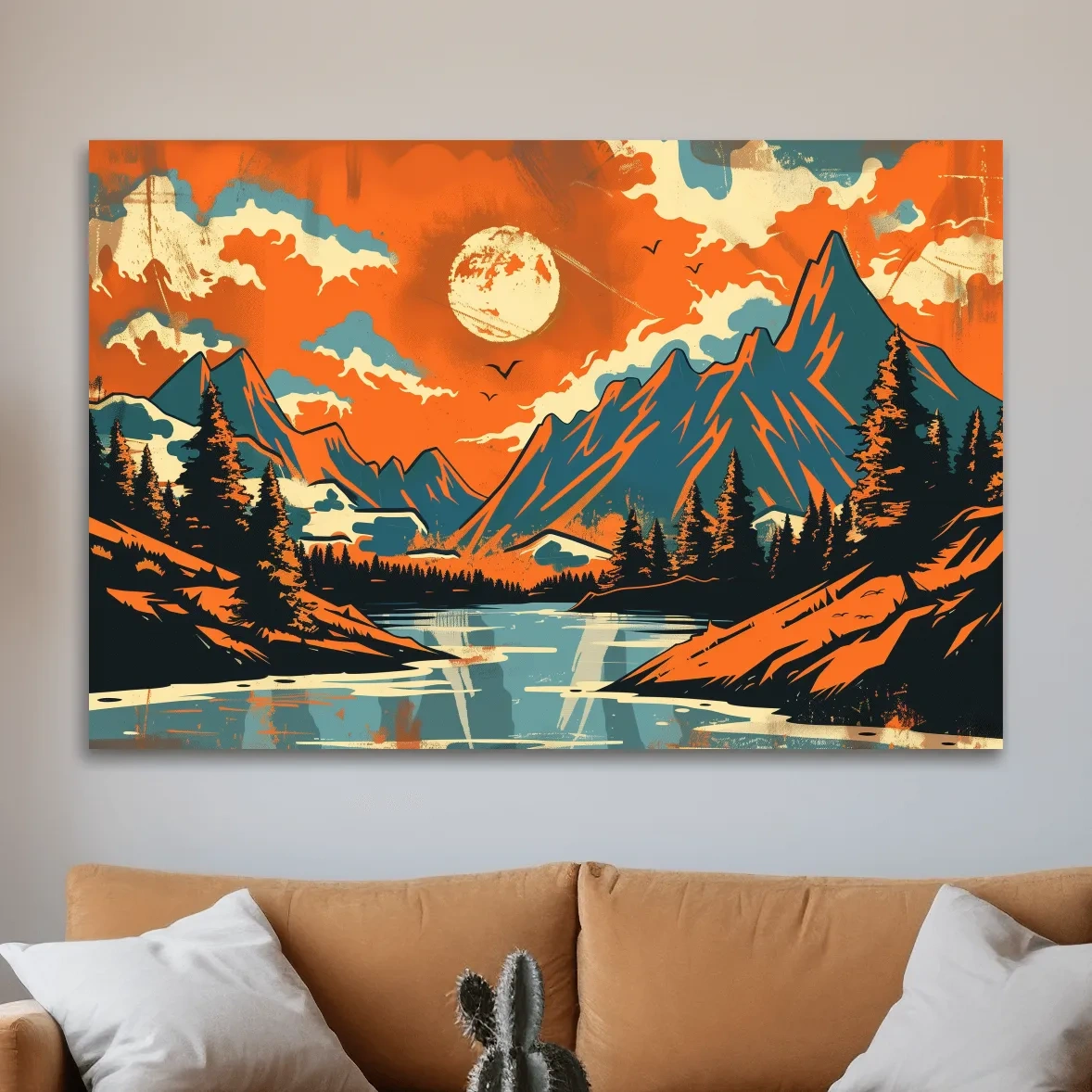 Vibrant Retro Mountain Lake Sunset Illustration - Bold Vector Landscape Wall Art