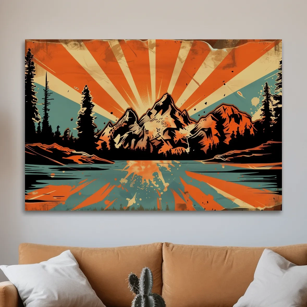 Retro comic book style halftone mountain wall art, sunrise rays from behind a glacier and alpine lake,