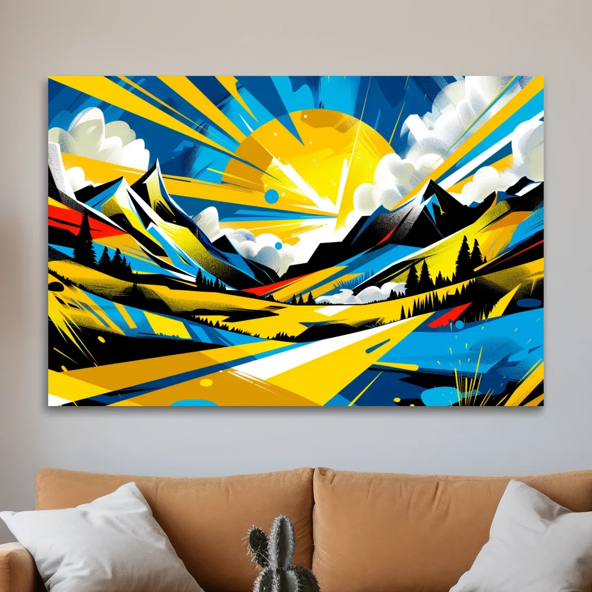 Vibrant Geometric Graffiti Mountain Sunset Landscape - Bold Pop Art Style Wall Art