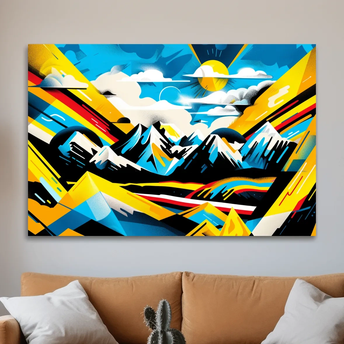 Vibrant Colorful Mountain Sunrise Illustration - Graffiti Style Landscape Wall Art