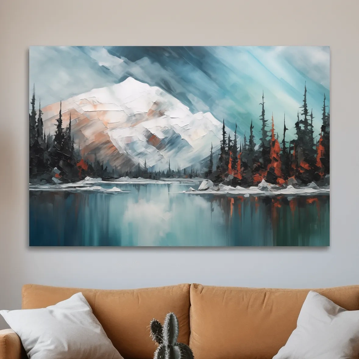 Alpine Glacier Lake Impasto Style Painting - Textured Forest Wall Art