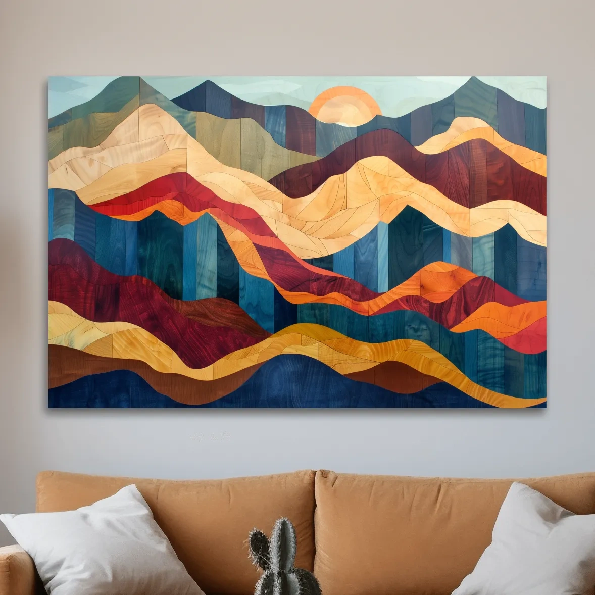 Wood intarsia style wall art, colorful mountain patterns with wood grain effect