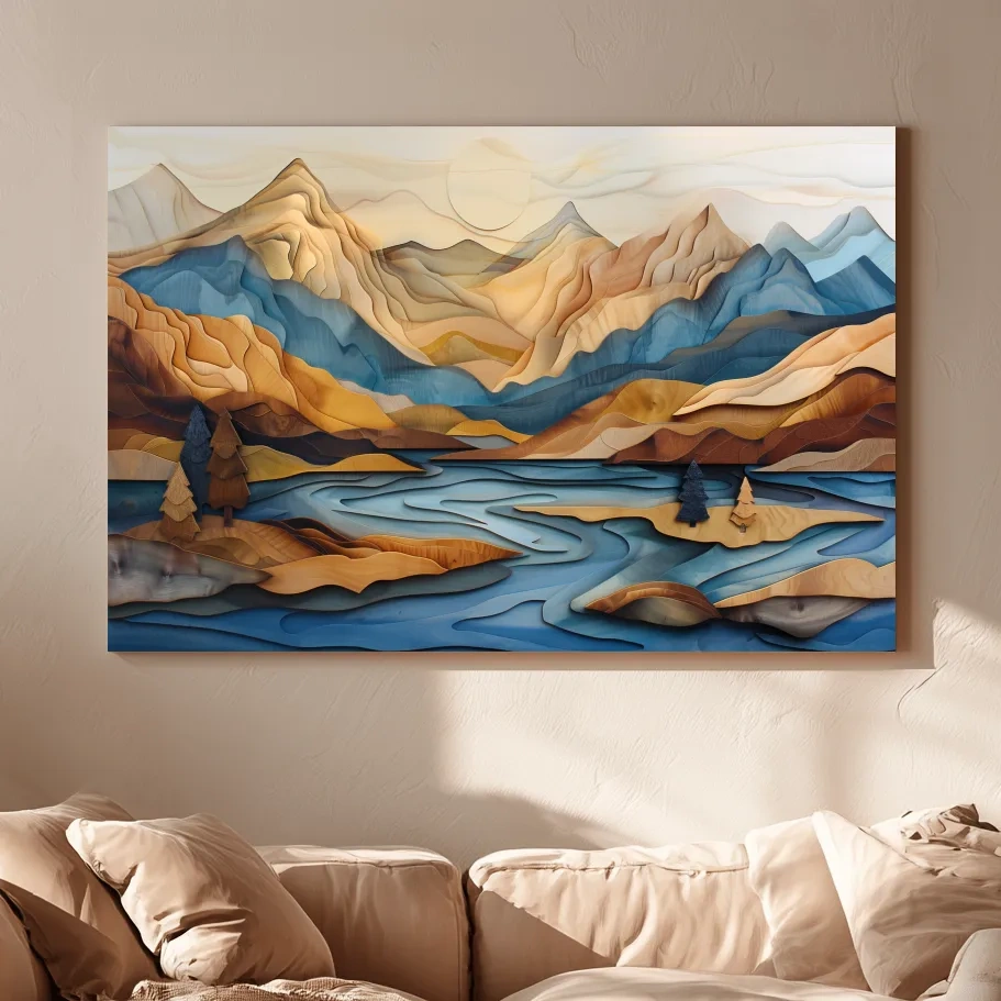 Wood Intarsia Style Alpine Mountain Lake Landscape - Modern Abstract Wall Art