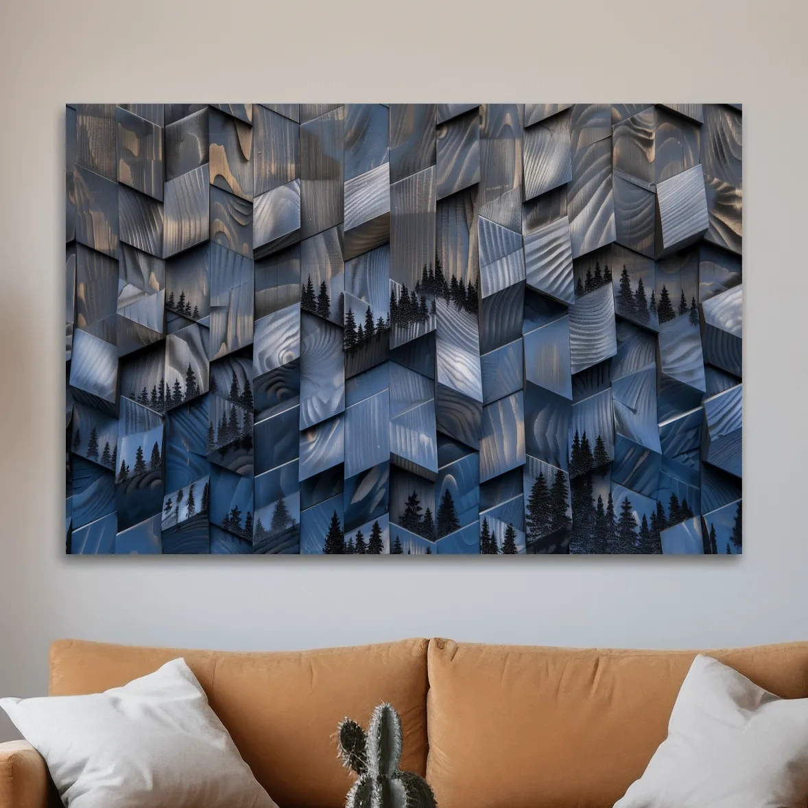 Alpine tree artwork, fragmented geometric wooden cubes pattern, 3d depth effect